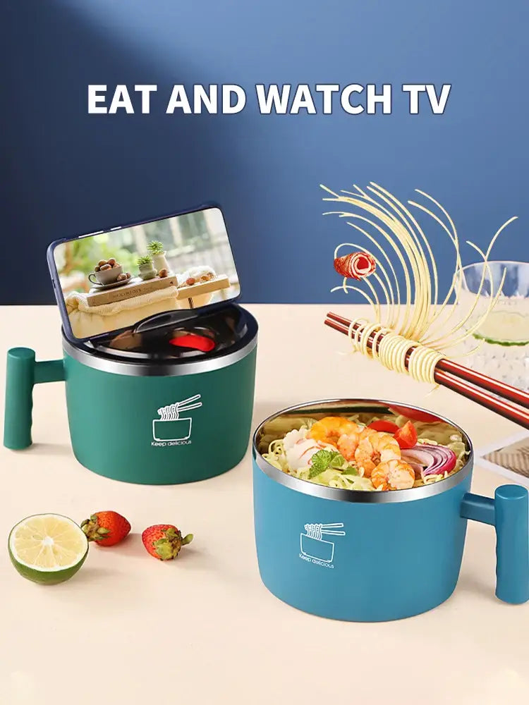 1000mL Stainless Steel Instant Noodle Bowl with Lid Portable, Sealed, & Drain Bowl Function