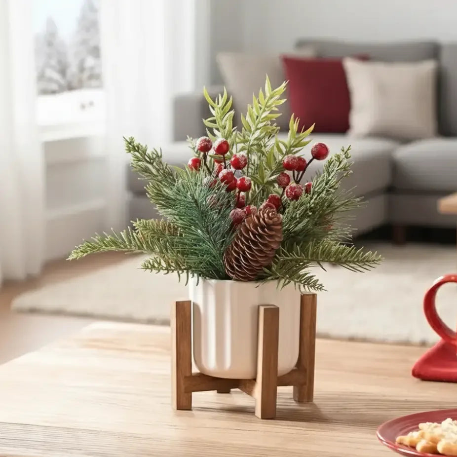 11" Artificial Christmas Tabletop Tree | Red Berries & Pine in White Ceramic - Ninjanew