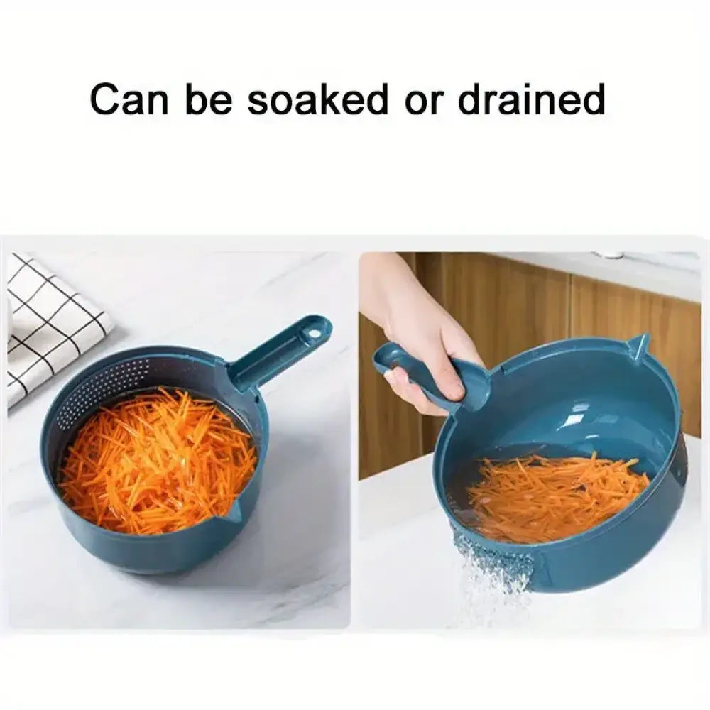 Blue colander for 12-in-1 vegetable chopper draining veggies