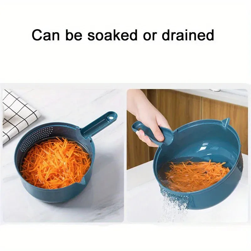 Blue colander for 12-in-1 vegetable chopper draining veggies