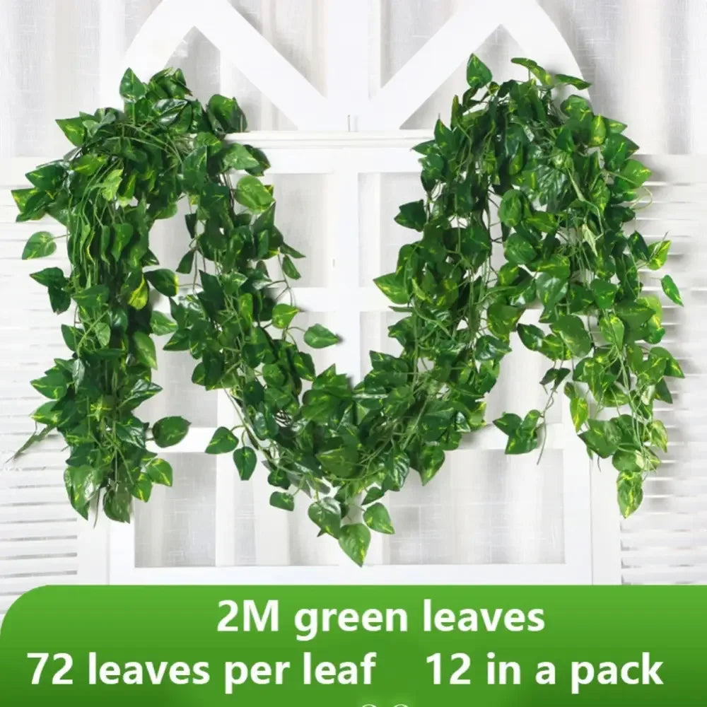 12 Pcs Artificial Leaves Garland (2M) | Realistic Hanging Vines for Outdoor & Party Decor - Ninjanew