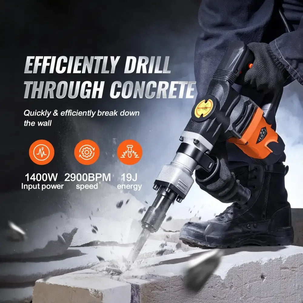 1400W Heavy-Duty Demolition Jack Hammer | 2900 BPM Electric Concrete Breaker with 2 Chisel Bits - Ninjanew