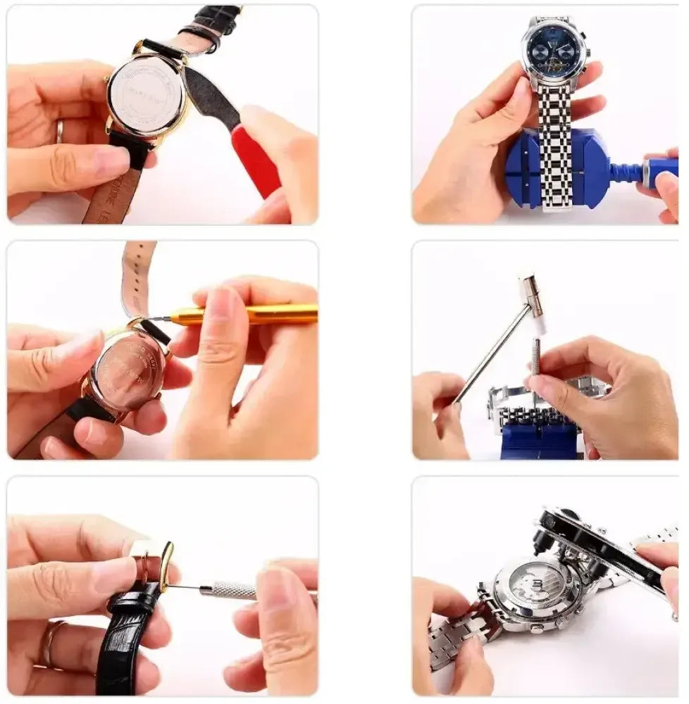 Black leather strap watch with silver links in 147pcs repair tool kit and storage bag