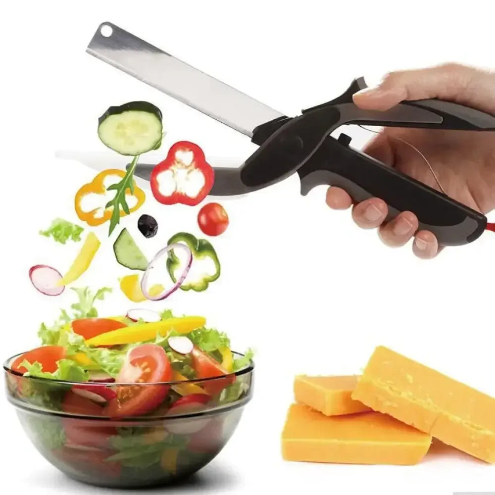 Black and silver 2-in-1 Clever Cutter vegetable scissors with red cord