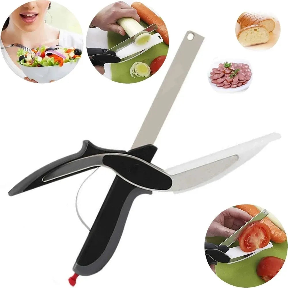 Black and silver 2-in-1 Clever Cutter vegetable scissors with curved blade