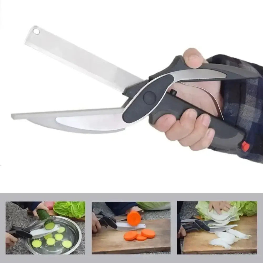 Clever Cutter vegetable scissors with ergonomic black handles for veggies