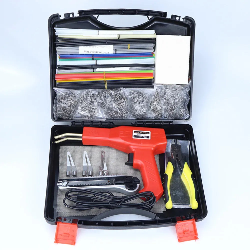 2-in-1 plastic welder repair kit with red hot glue gun and supplies