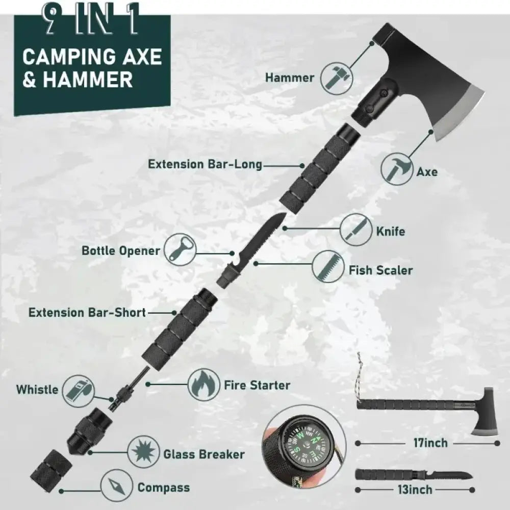 262pcs survival gear with 9-in-1 camping axe and hammer, black handle