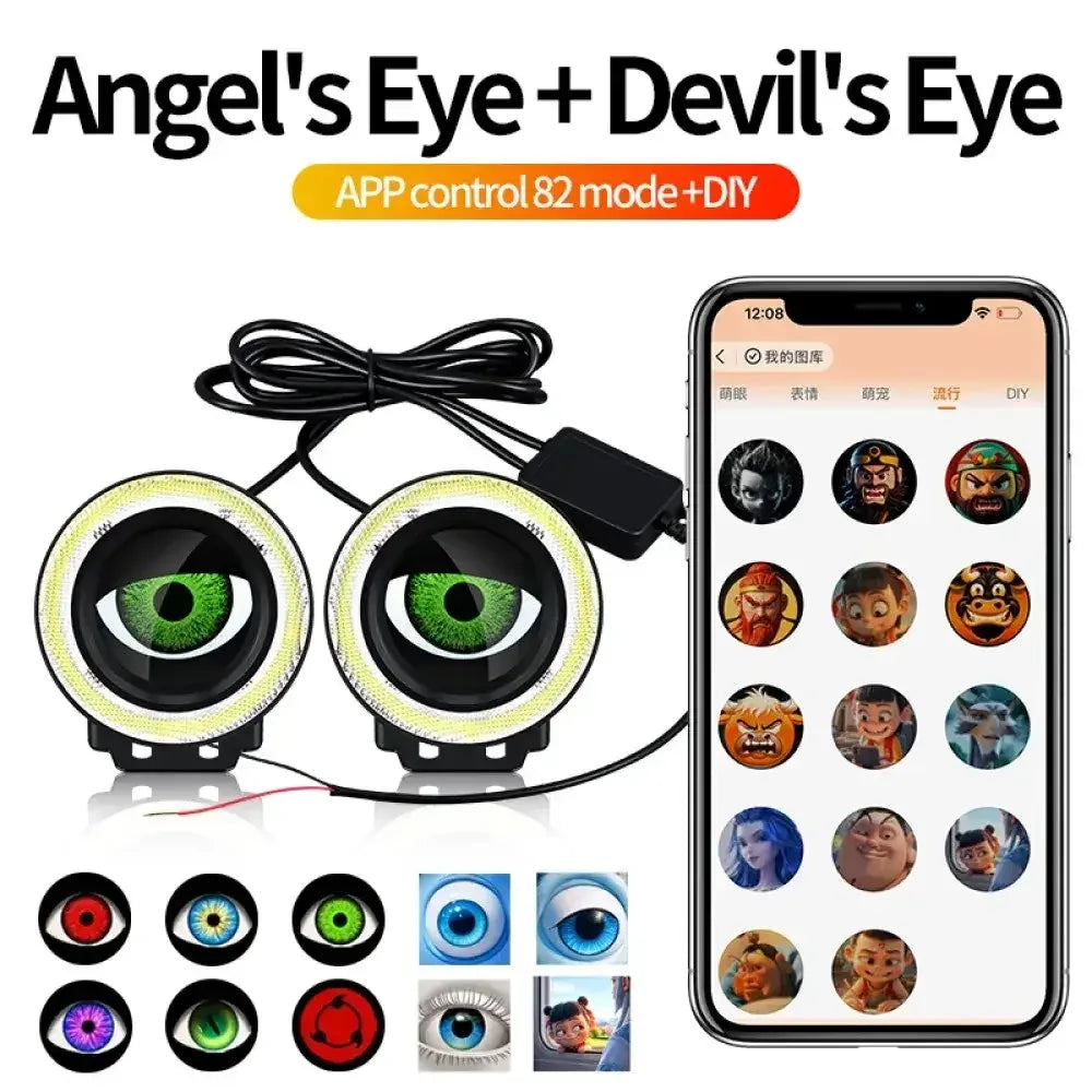3.5-Inch Devil Eyes LED Car Headlight Lens | Dynamic RGB Halo Ring with 32/82 Modes & App Control - Ninjanew