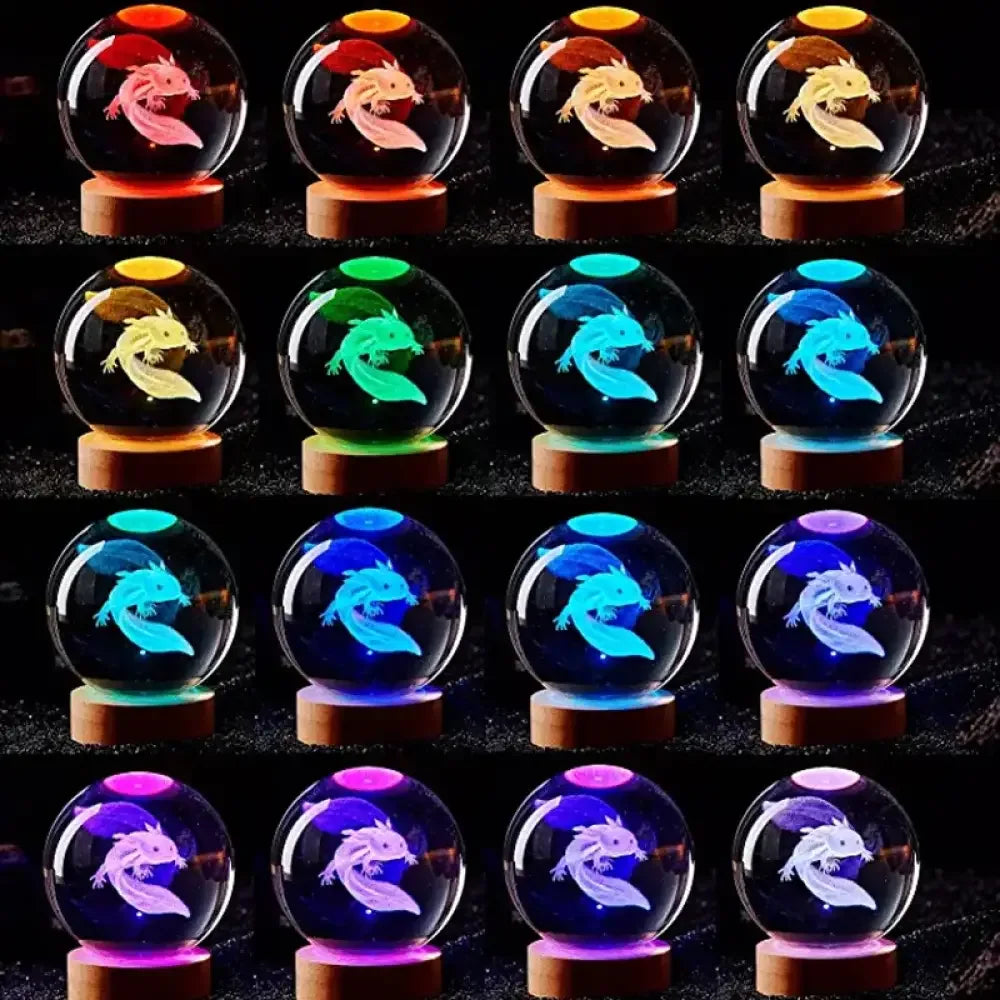 3D Axolotl Laser Engraved Crystal Ball Colored Night Light
