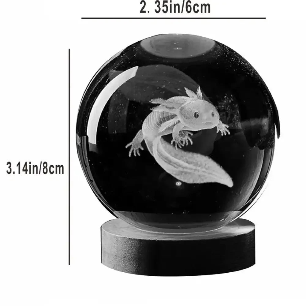 3D crystal ball axolotl figurine night light with black base