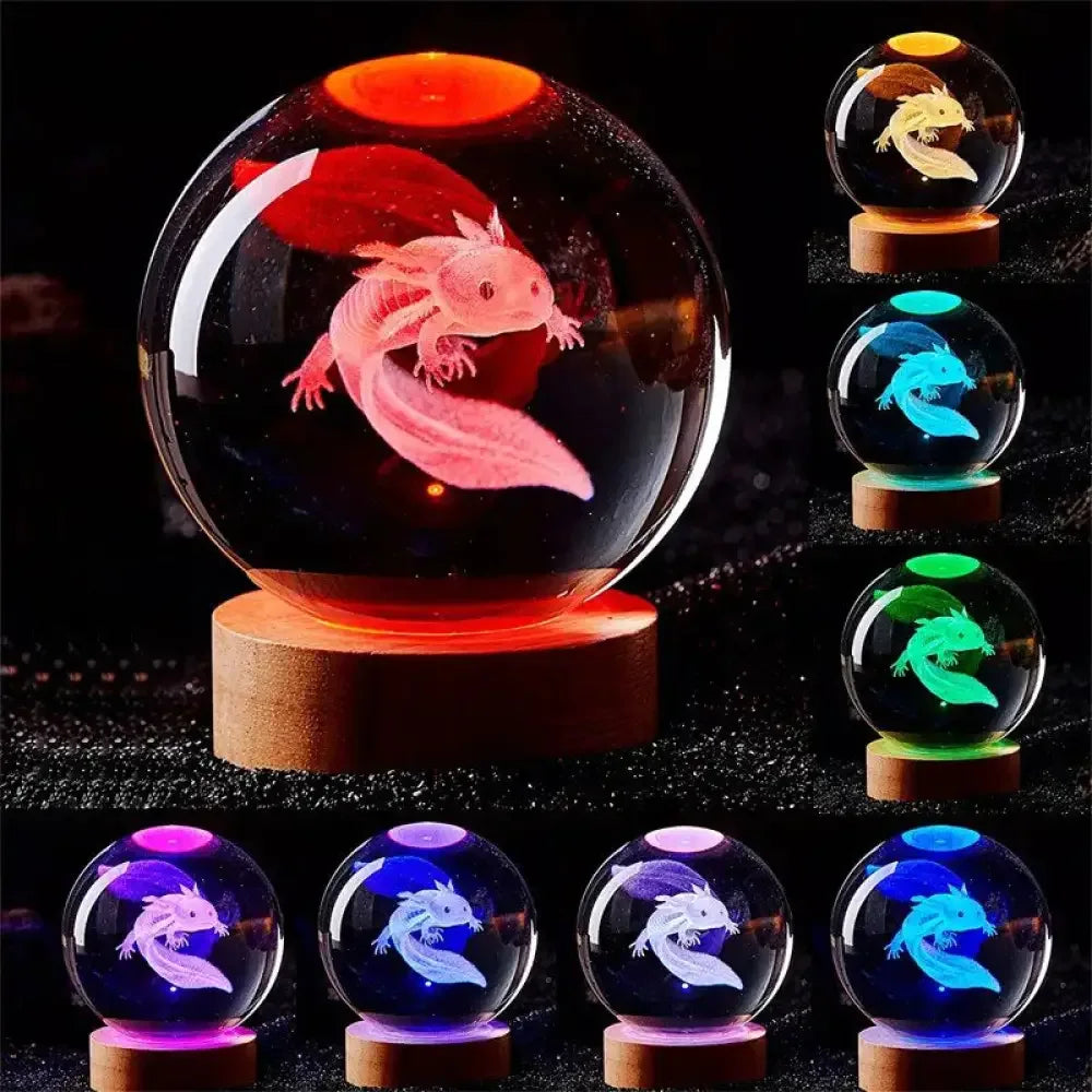 3D axolotl laser-engraved crystal ball colored night light