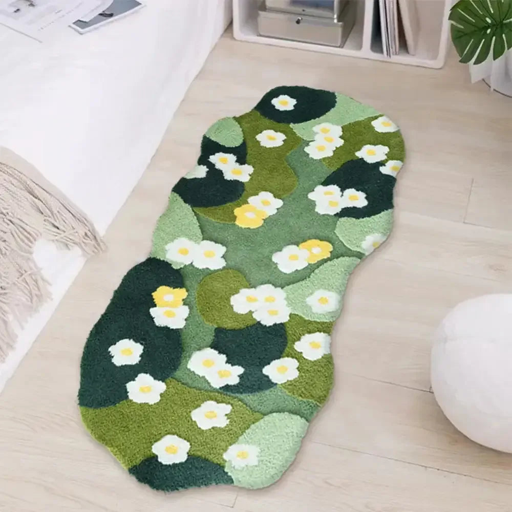 Fluffy 3D moss rug carpet with green leafy pattern and white flowers