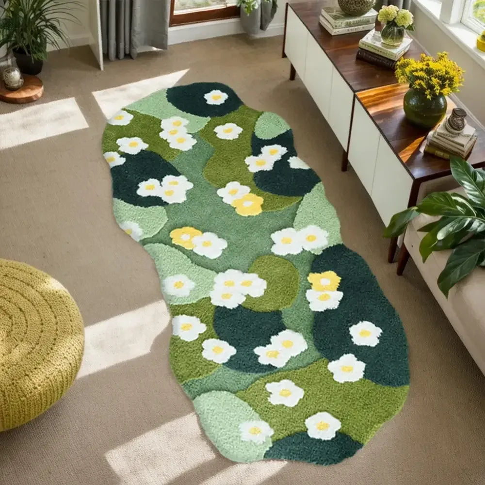 Fluffy 3D moss rug carpet with green white water lily floral design