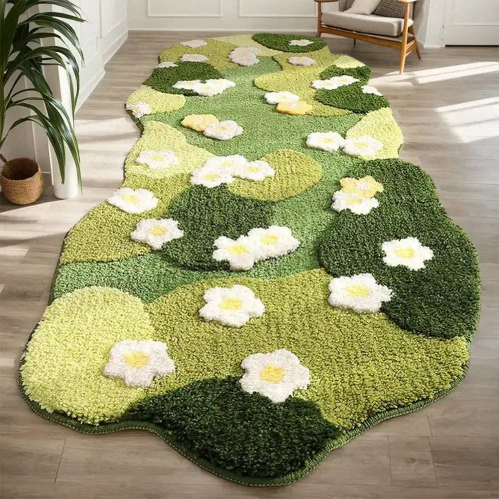 Fluffy 3D moss rug carpet in green forest design with non-slip backing