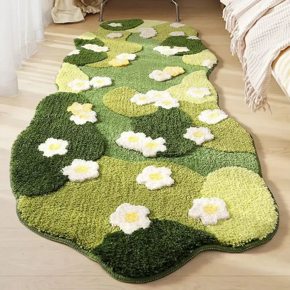 Fluffy 3D moss rug carpet with green floral texture and non-slip backing