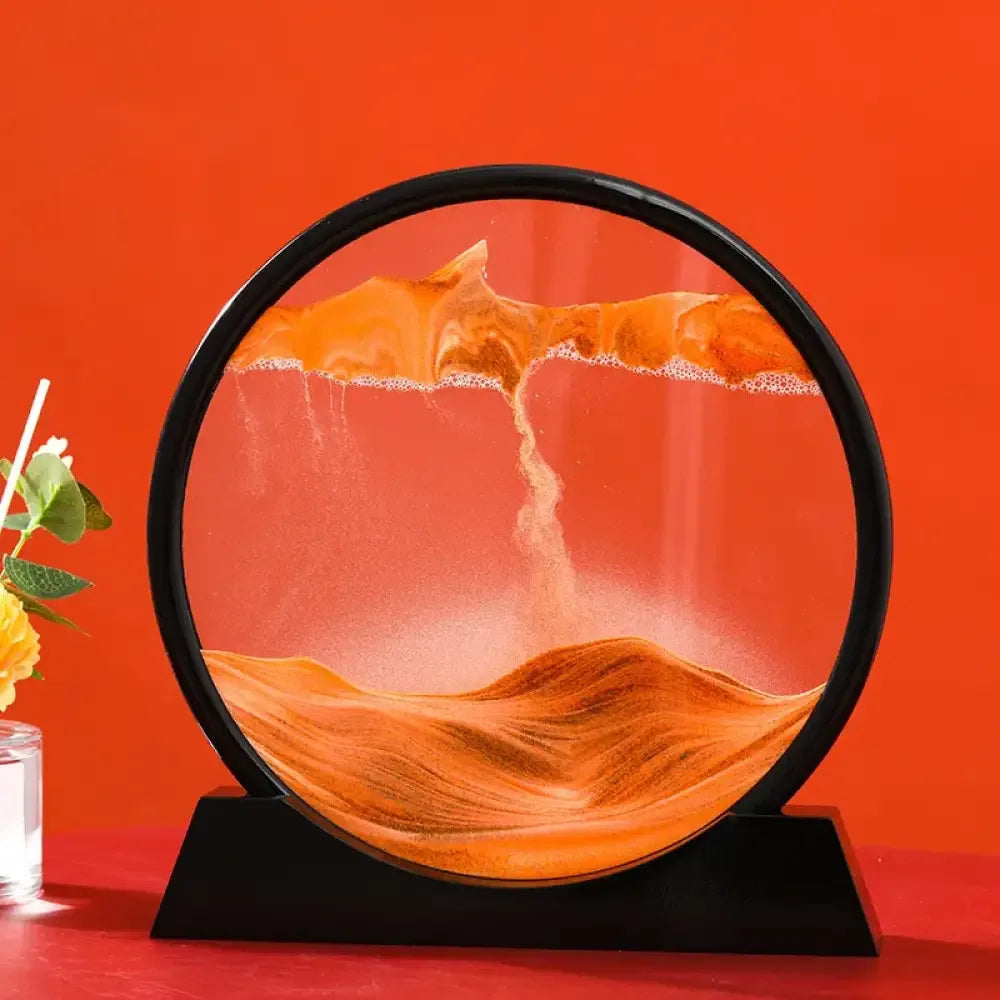 Modern 3D moving sand art lamp with orange brown abstract design in black frame