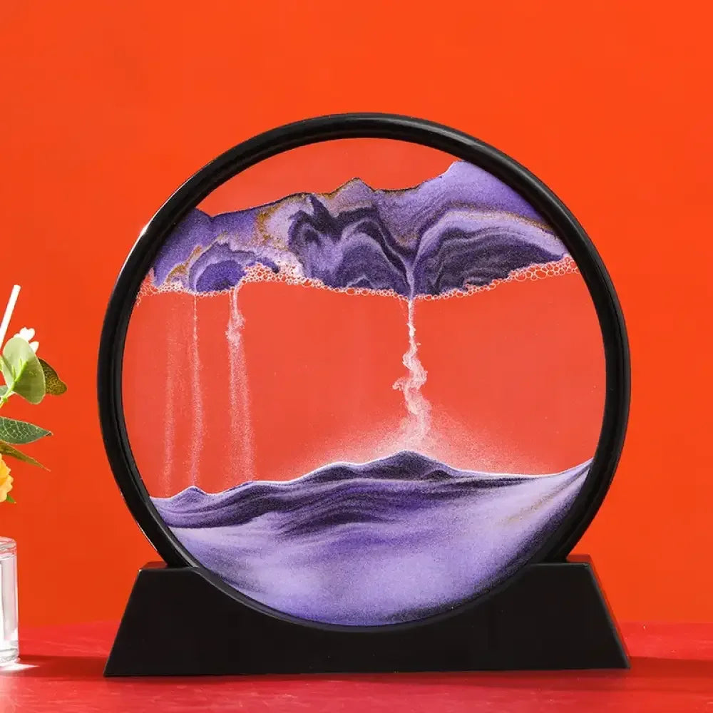 Round purple white moving sand art in black frame 3D lamp