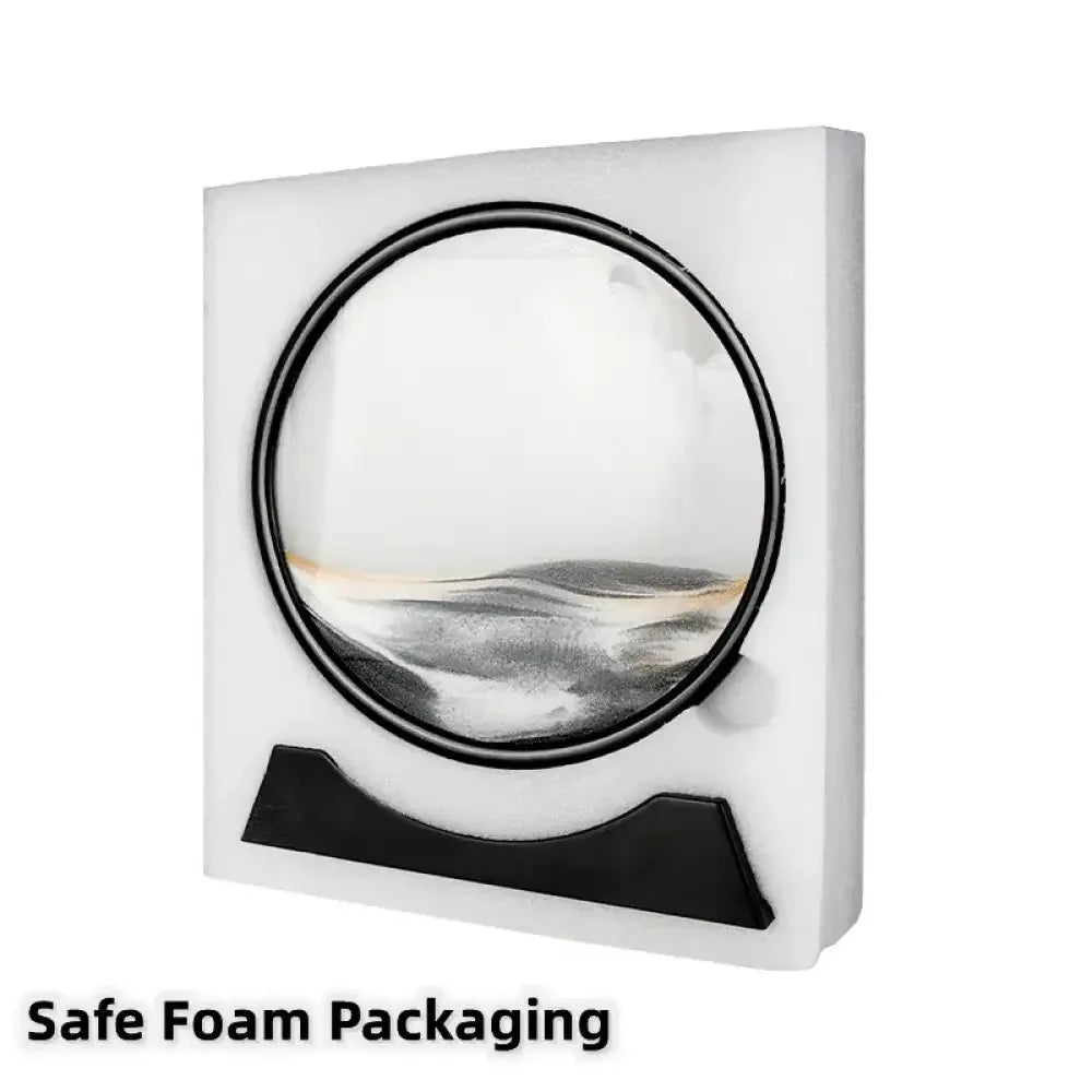 White foam packaging for 3D moving sand art lamp with black base and circular cutout