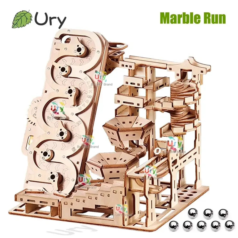 3D Wooden Puzzle Electric Track Device Marble Run Set with Counter Current Compass -