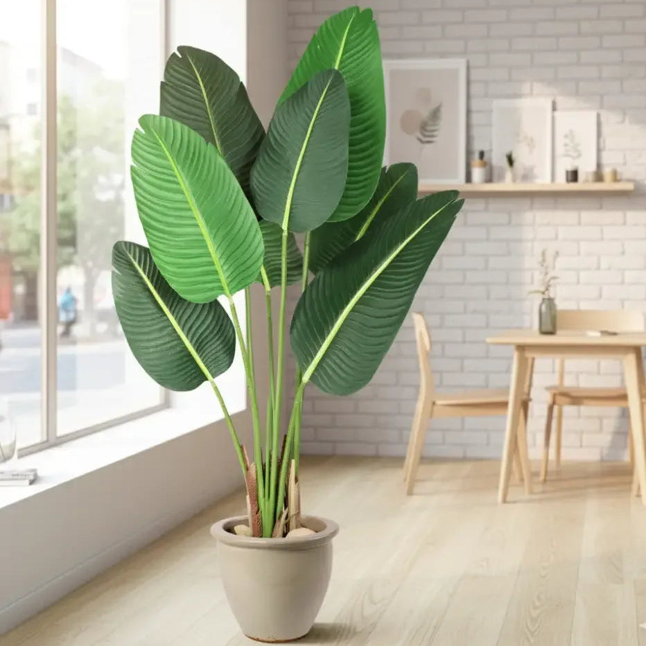 4Ft Artificial Bird of Paradise Plant | Fake Tropical Palm Tree w/ 8 Trunks & Banana Leaves - 48 inch