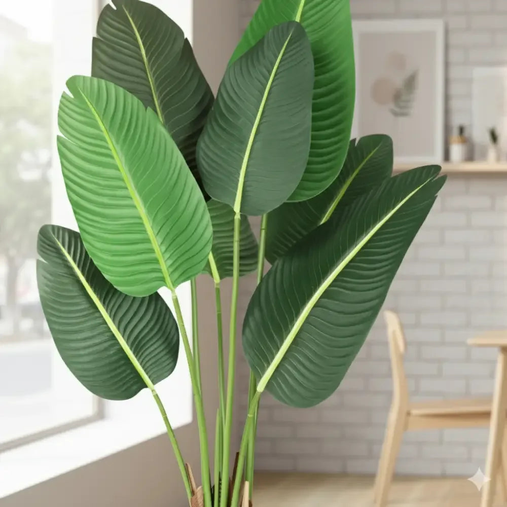 4Ft Artificial Bird of Paradise Plant | Fake Tropical Palm Tree w/ 8 Trunks & Banana Leaves - 48 inch