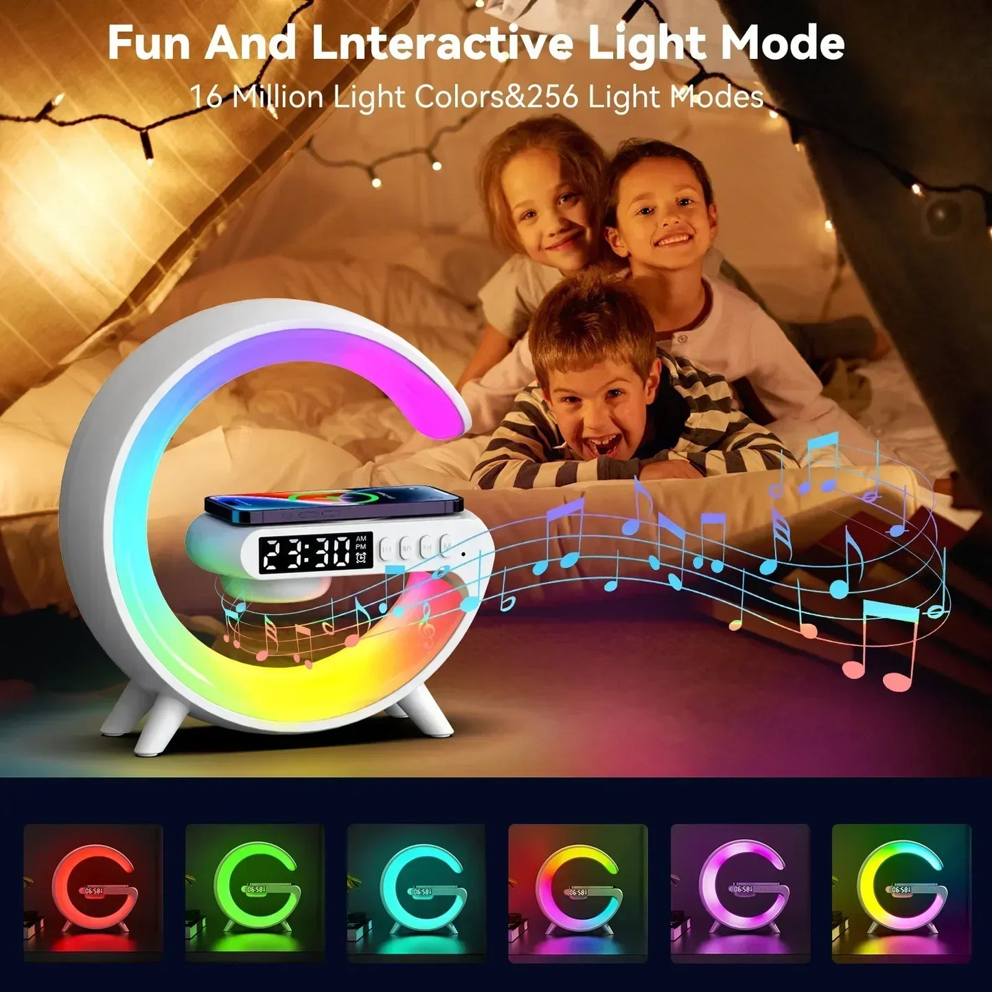 6-in-1 Mini RGB Wireless Charger Bluetooth Speaker & Alarm Clock Station - White / US