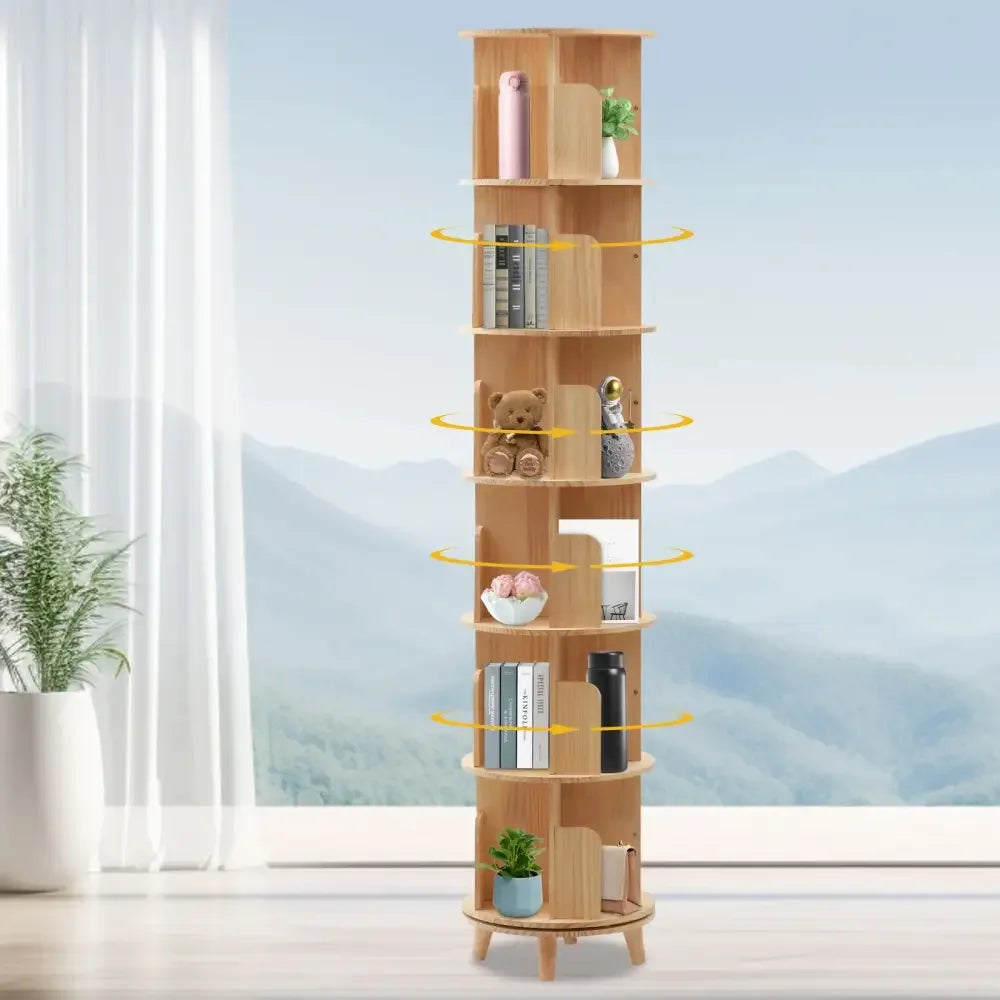 6-Tier Rotating Pine Wood Bookshelf 360° Swivel Bookcase for Kids & Home -