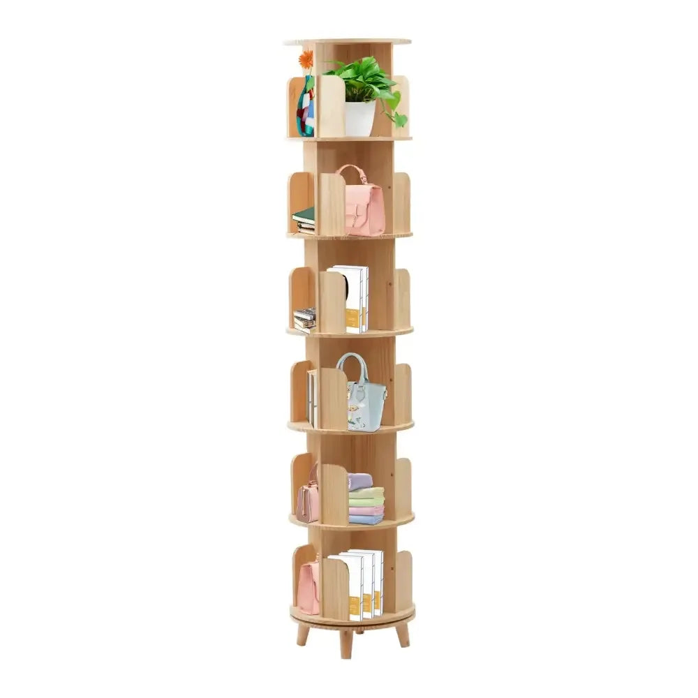 6-Tier Rotating Pine Wood Bookshelf 360° Swivel Bookcase for Kids & Home -