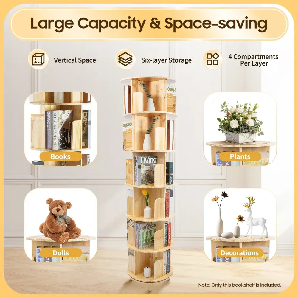 6-Tier Rotating Pine Wood Bookshelf 360° Swivel Bookcase for Kids & Home