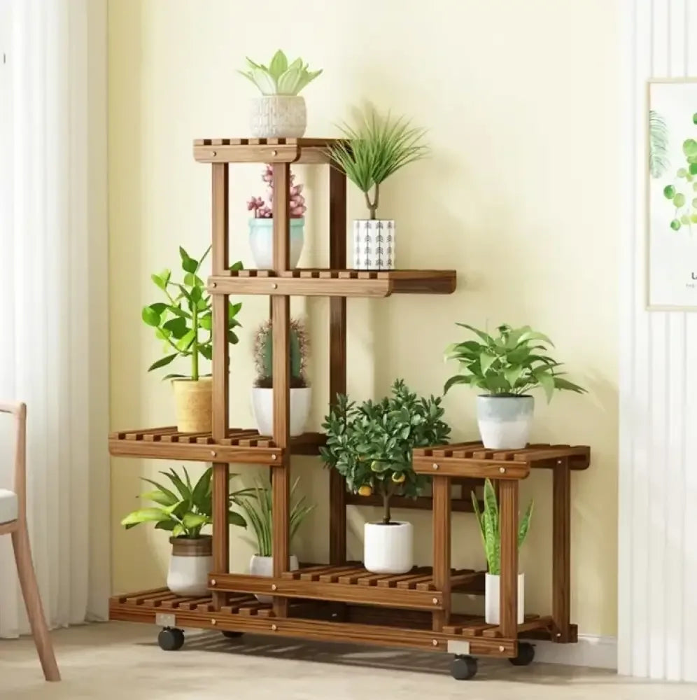 6-Tier Wood Plant Stand with Wheels Vertical Carbonized Flower Pot Holder -