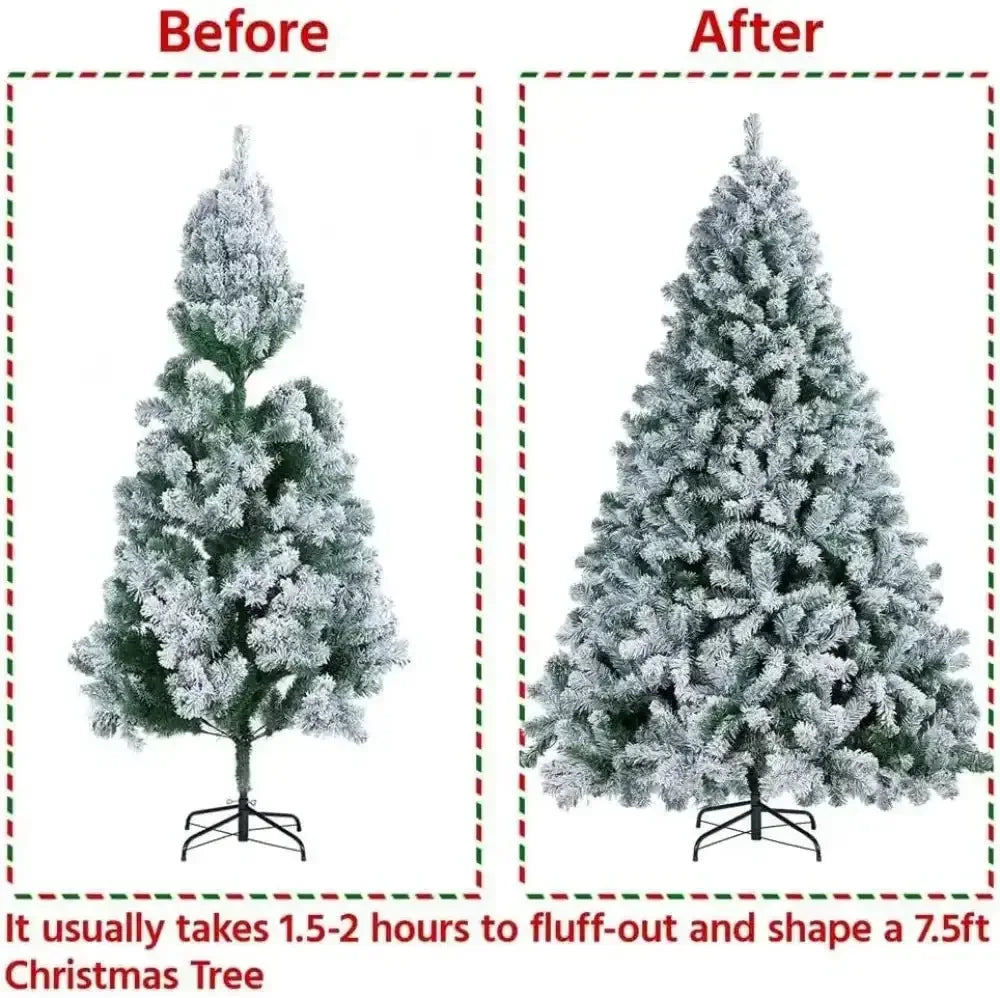 7ft Snow Flocked Artificial Christmas Tree | 1000 Tips, Foldable Metal Stand, 3 - Step Setup - Ninjanew