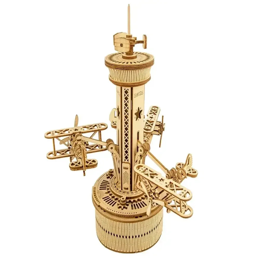 84PCS Rotatable 3D Starry Night Wooden Model Kit DIY Music Box Assembly Toy Gift - AMK41 Airplane Tower