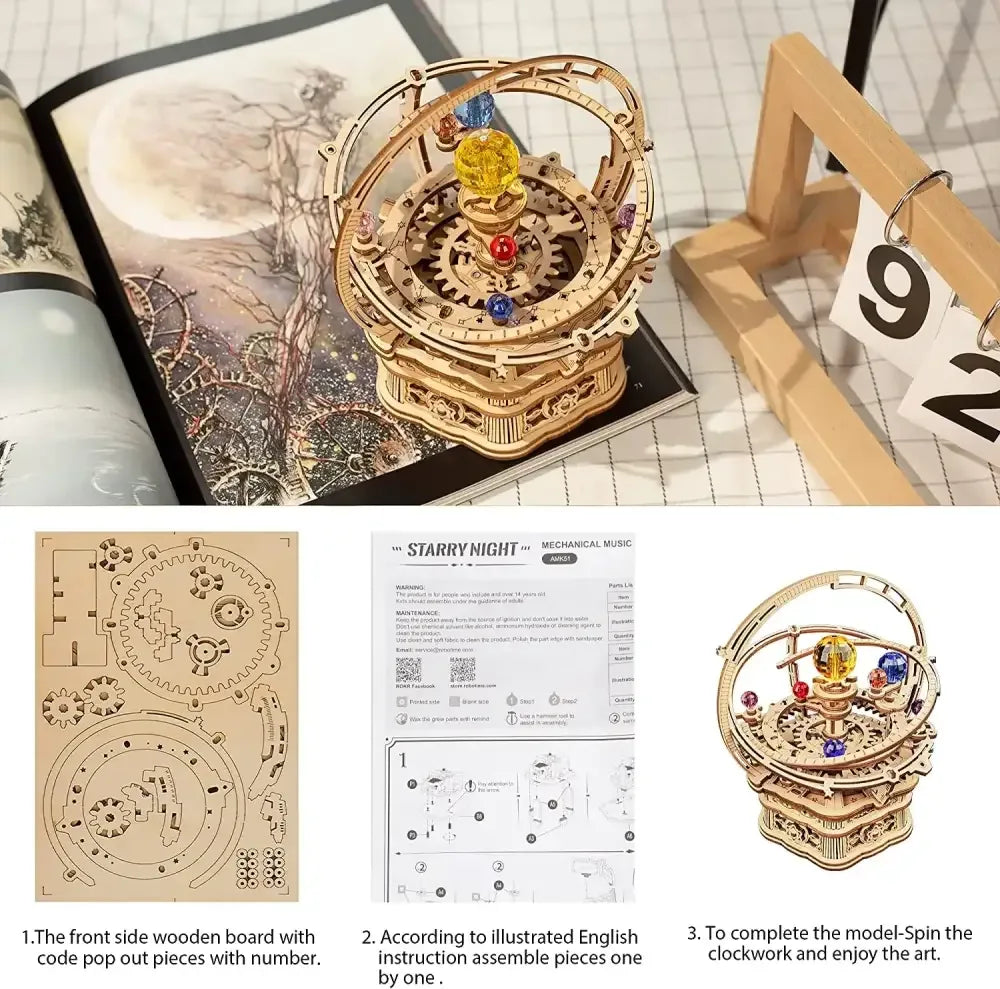 84PCS Rotatable 3D Starry Night Wooden Model Kit DIY Music Box Assembly Toy Gift - AMK51 Starry Night