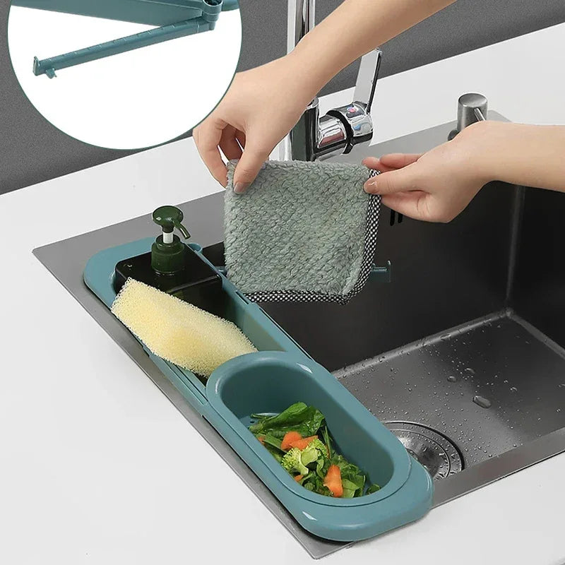 Adjustable Kitchen Sink Drain Basket Expandable Soap & Towel Rack Organizer - Blue
