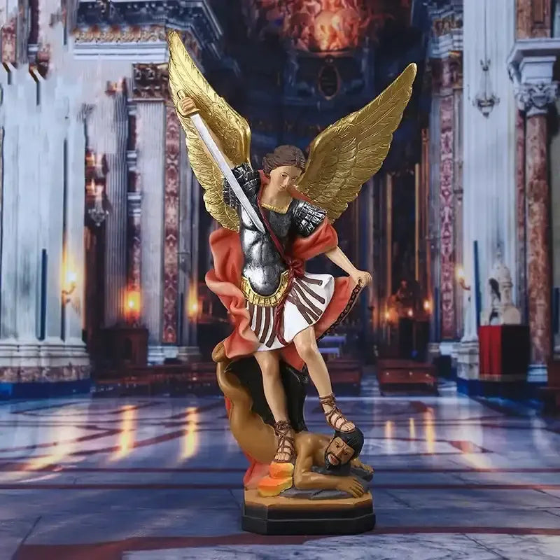Archangel Saint Michael Statue – Angel Warrior Defeating Demon Resin Sculpture - Colourful