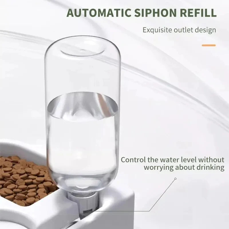 Automatic siphon refill system for pet water and food bowls with text on a white background