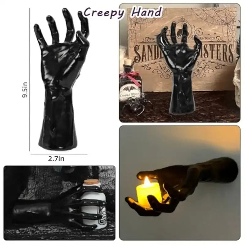 Black hand sculpture with measurements and usage examples on a dark background