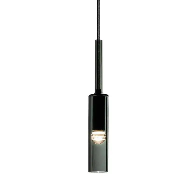 Black pendant light with clear glass shade on a white background