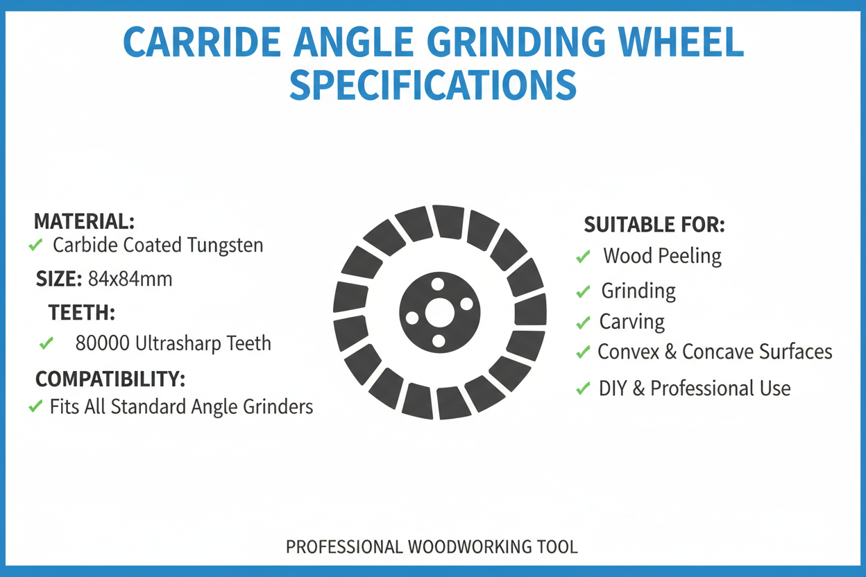 Specifications chart for carbide angle grinding wheel showing material size teeth count compatibility and suitable applications