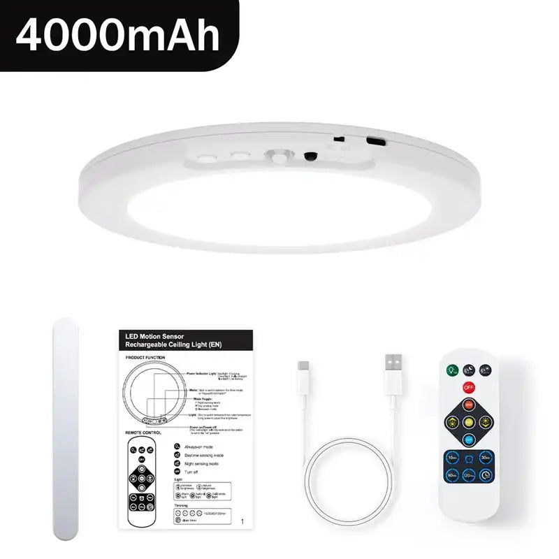 Ceiling light with remote control and packaging on a white background