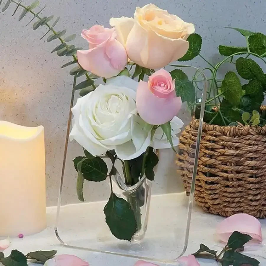 Clear Acrylic Frame Flower Vase Modern Art Decorative Vase for Desktop - Rectangle Shape