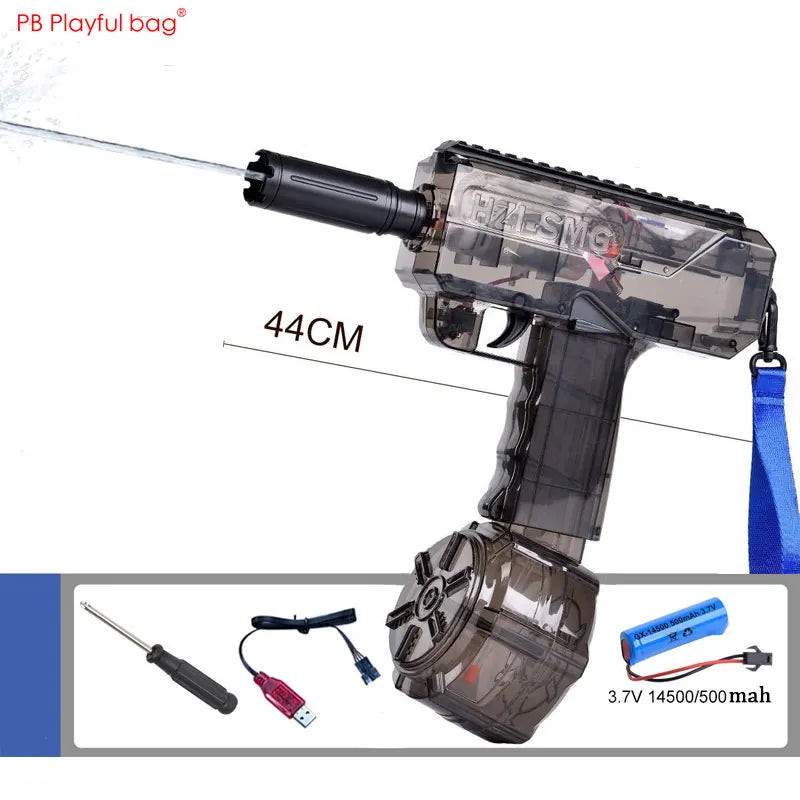Clear toy gun with blue strap, measurement label, and accessories on a white background.