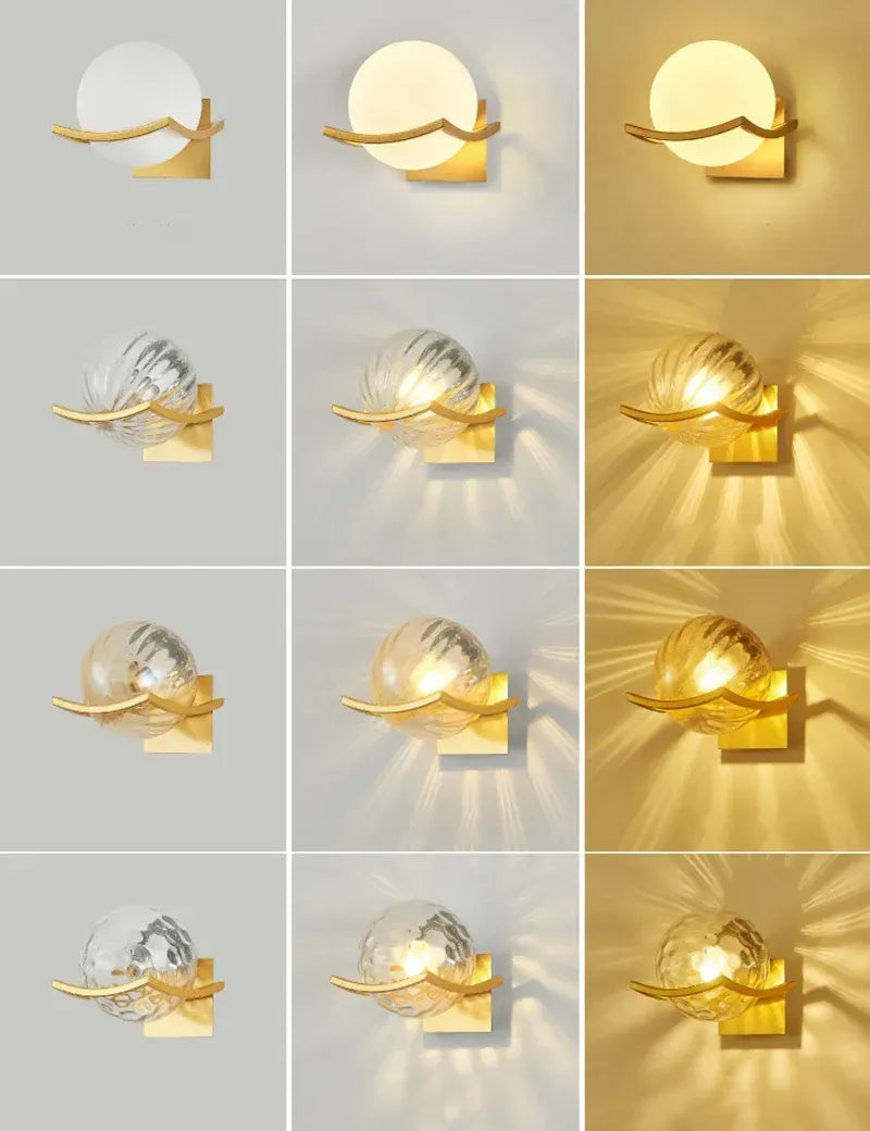 Collage of a gold wall sconce with glass shade on a light gray background