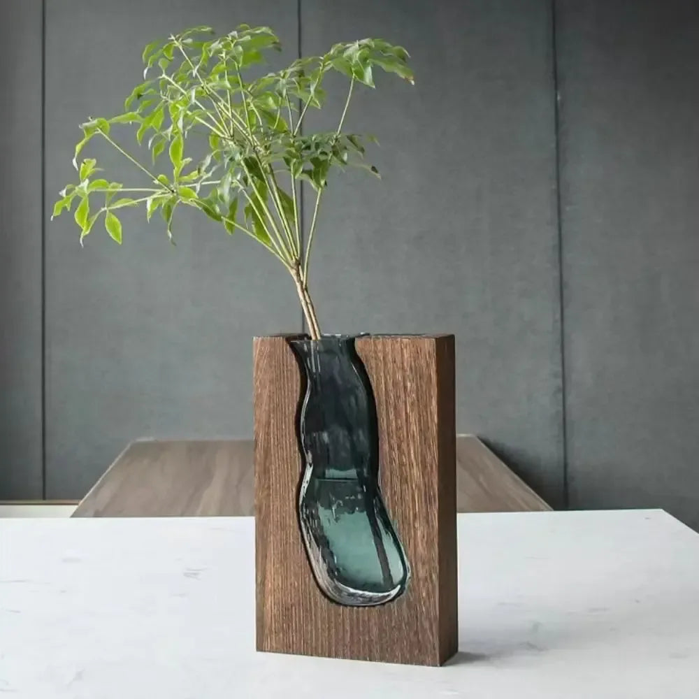 Creative Wooden Frame Glass Vase – Modern Hydroponic Flower Holder Decor - Style A- Small