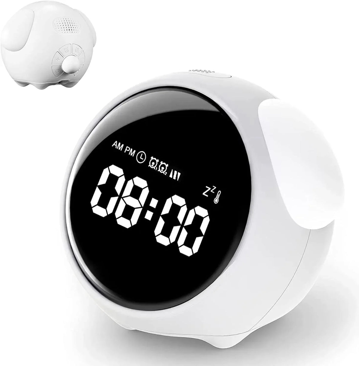 Cute Digital Child Alarm Clock Curved LED Display & Smart Emotion Light - White
