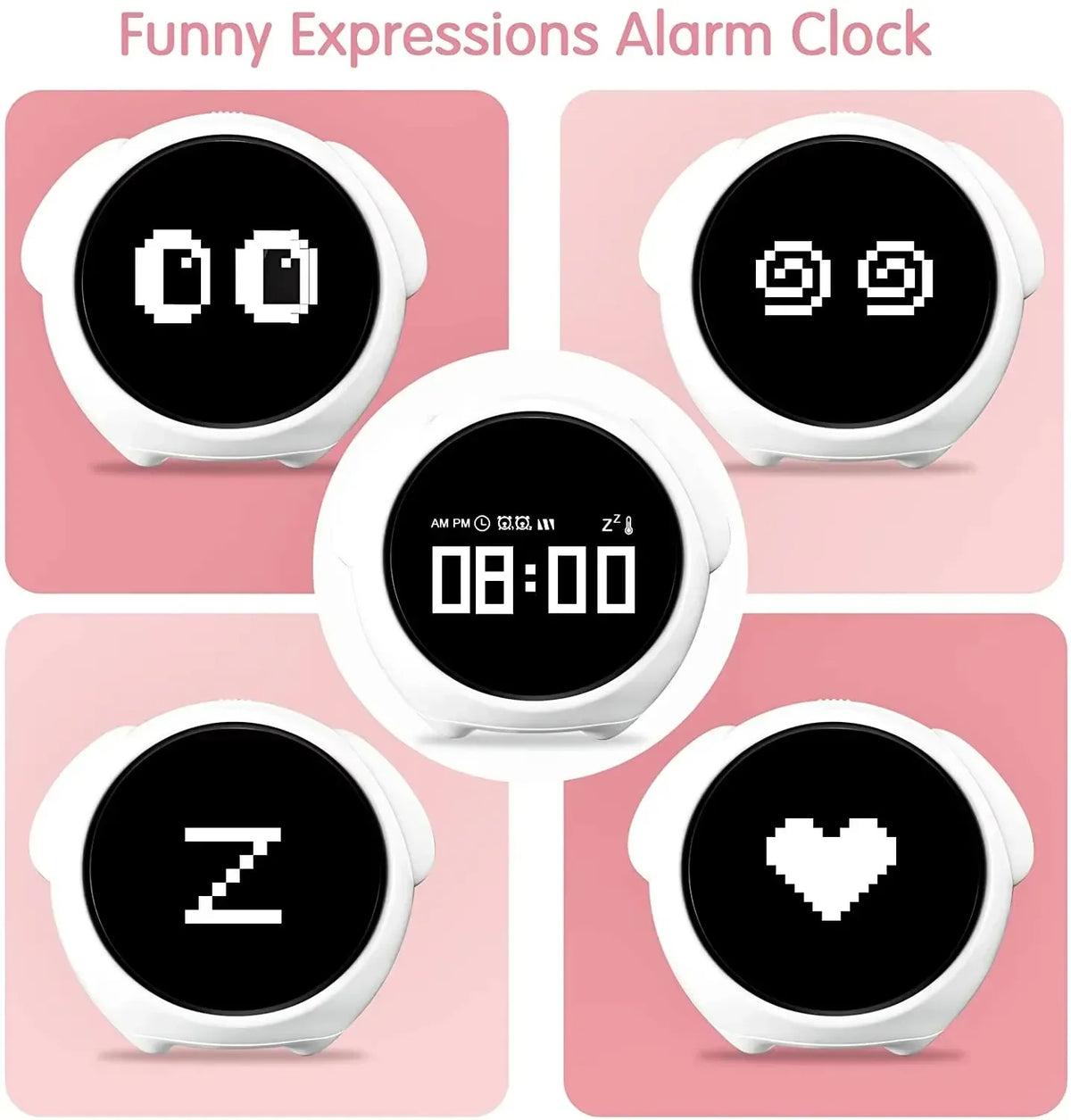 Cute Digital Child Alarm Clock Curved LED Display & Smart Emotion Light - White