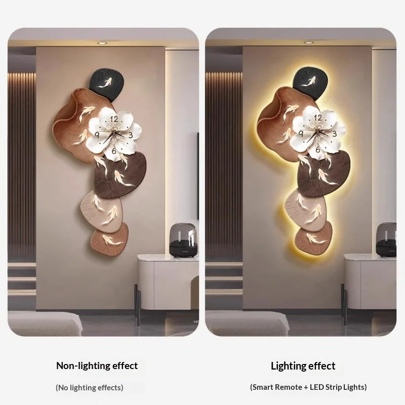 Decorative wall clock with and without lighting effects in a modern interior setting.