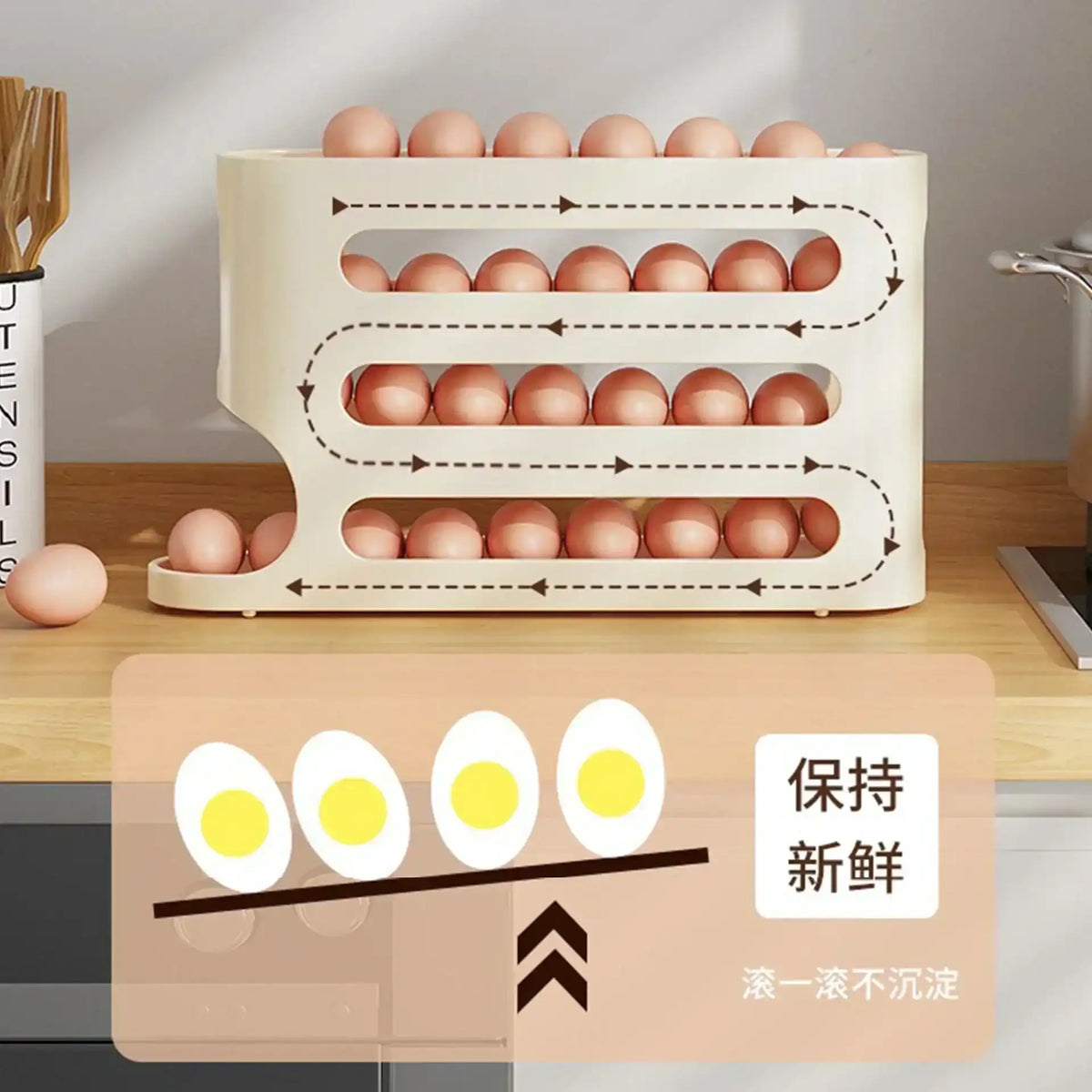 Egg holder with eggs on a kitchen counter, featuring text and graphics about egg storage.