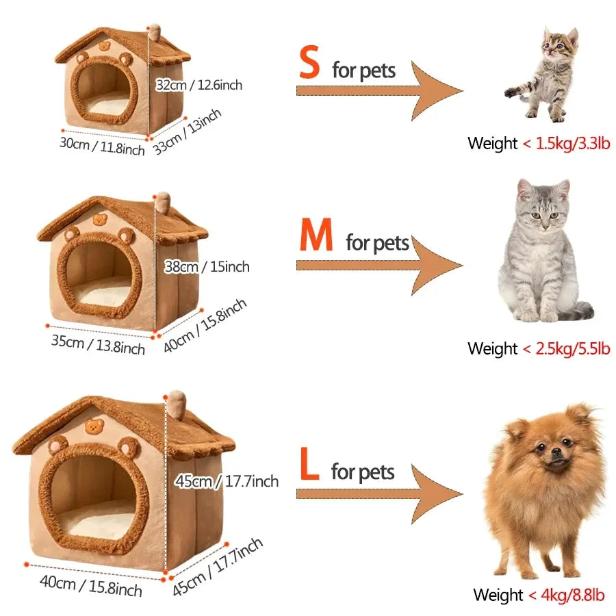 Foldable Winter Pet House Removable & Washable Cat Cave Puppy Sofa Bed - Small